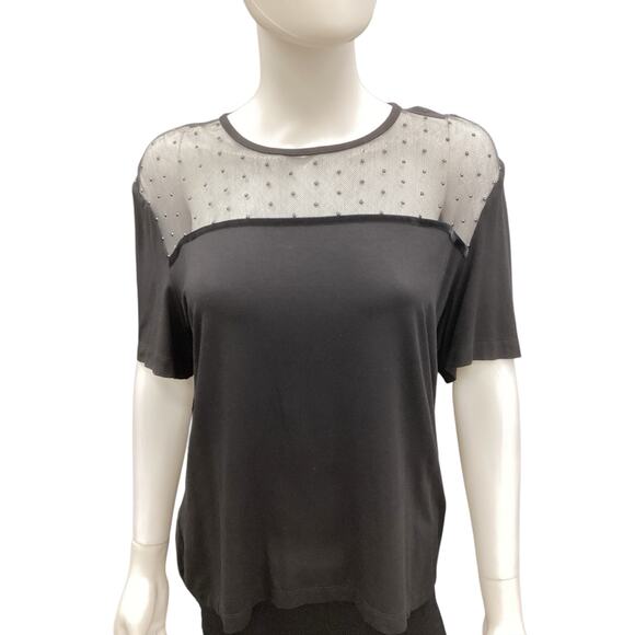 St.John Couture Womens T-Shirt SZ L Stretchy Short Sleeve Upper Mesh Studs Black - Picture 1 of 5